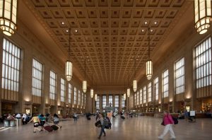 Philadelphia 30th Street Station inside the huge main hall with backpackers on their way to new adventures
