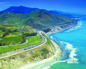 View of the train winding around the coast on the Amtrak Coast Starlight route