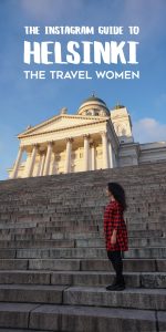 Helsinki Cathedral Pinterest Woman in front of the Cathedral on the steps with title on top