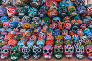 lines of colorful skulls for Mexico's Day of the Dead celebration