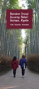 Suiran Kyoto Pinterest Image with title over image of two women walking in the bamboo forest
