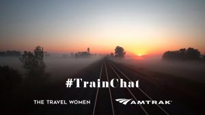 TrainChat with TTW and Amtrak logos over misty morning over train tracks