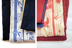 split screen half of the folded blue pajamas and half of the folded red pajamas