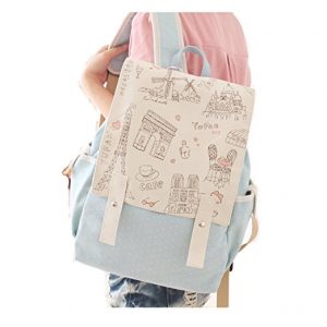 Blue backpack with white top cover with pattern of Parian drawings