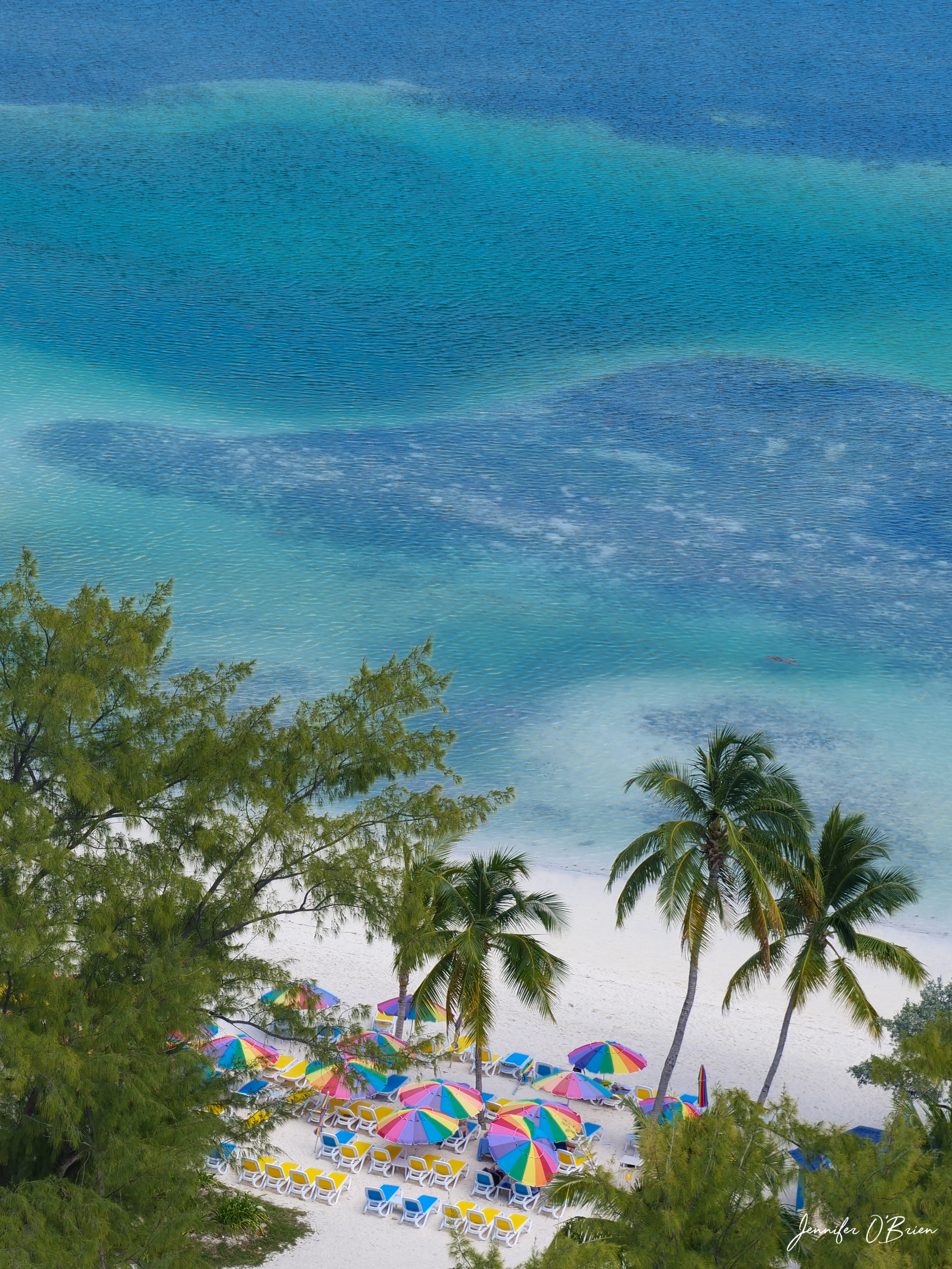drone rainbow umbrellas Macaw helium balloon Up, Up and Away Cococay Royal Caribbean Island Bahamas
