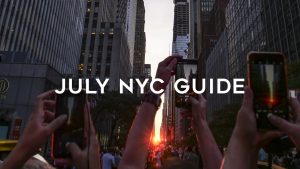 July NYC Guide in front of Manhattanhenge 42nd street sunset