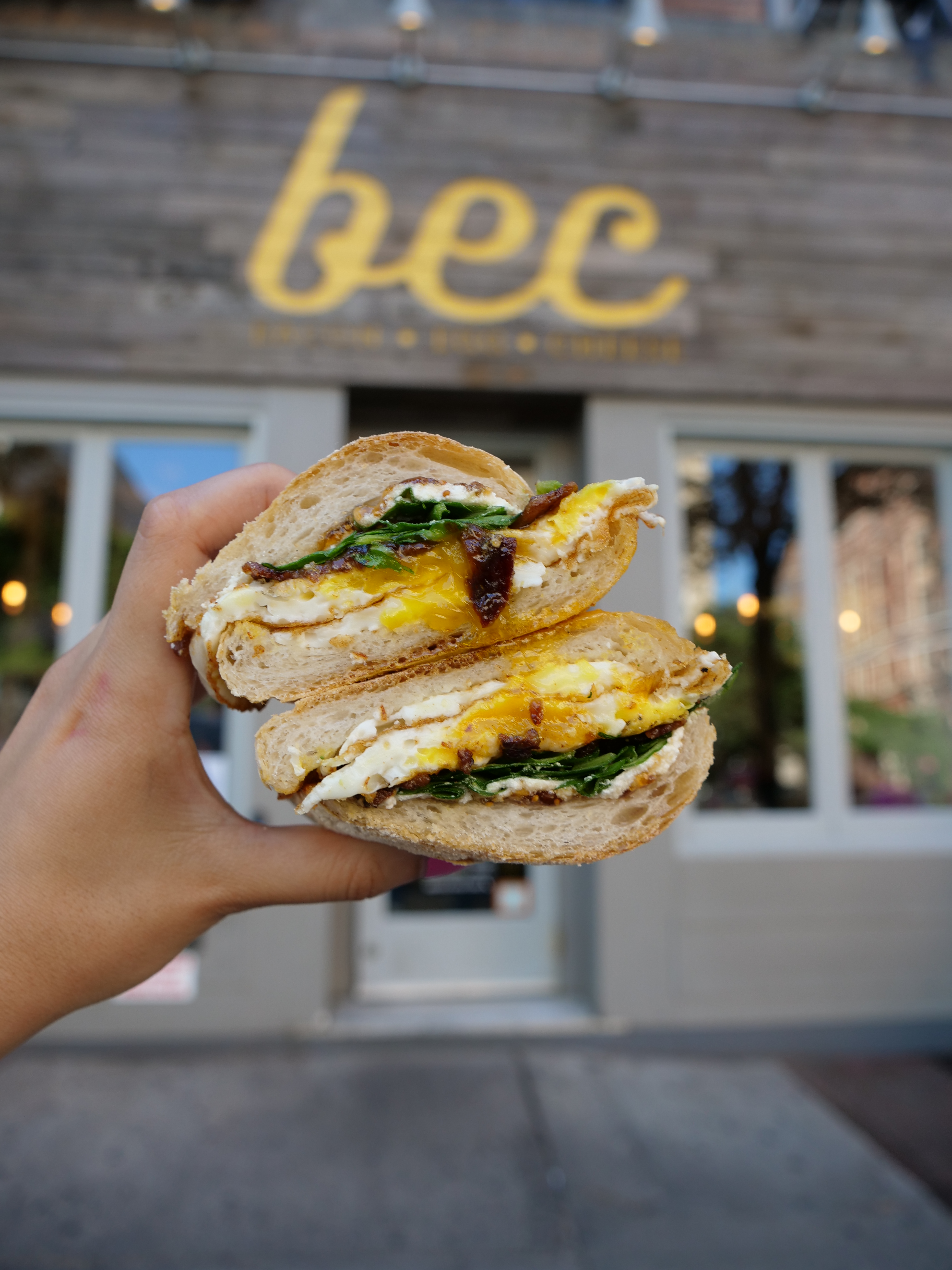 BEC breakfast sandwich NYC Chelsea Union Square outside restaurant