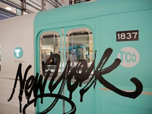 NYC Tiffany and Co Valentine’s Day Subway train graffiti blue Flower Installation