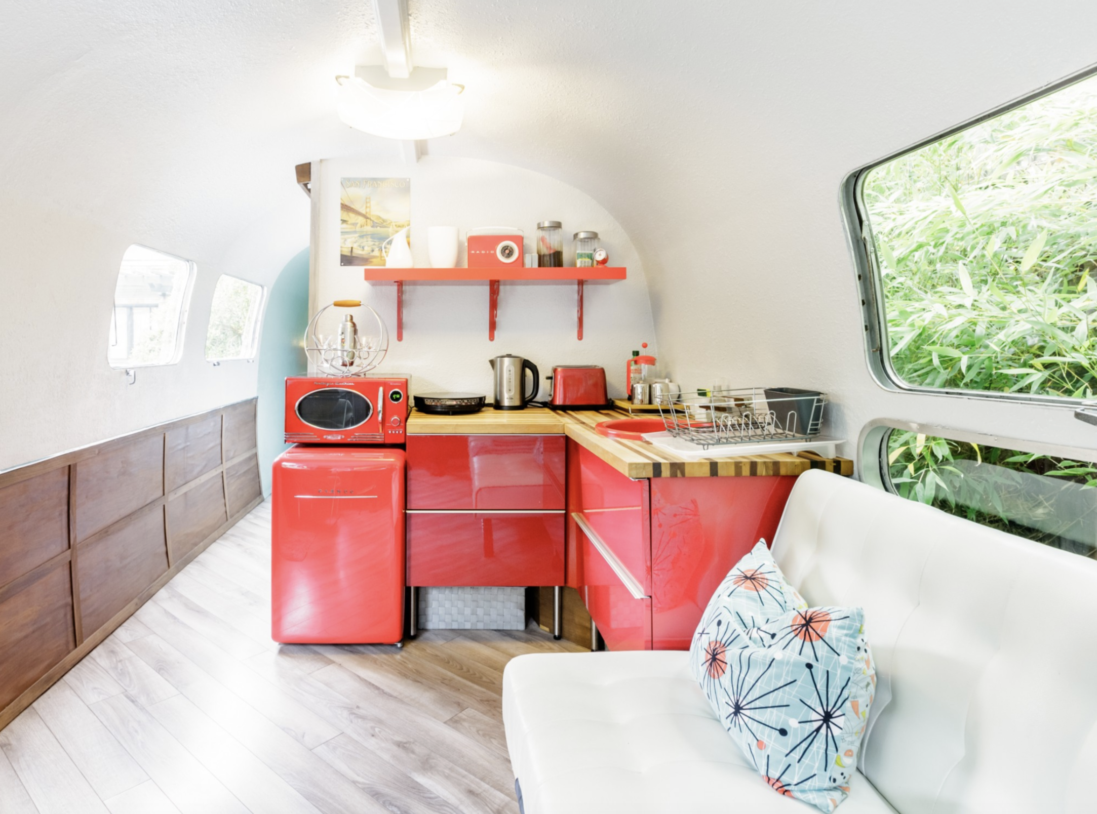 Most Unique USA Airbnbs vintage airstream San Francisco California retro red kitchen appliances microwave fridge stove